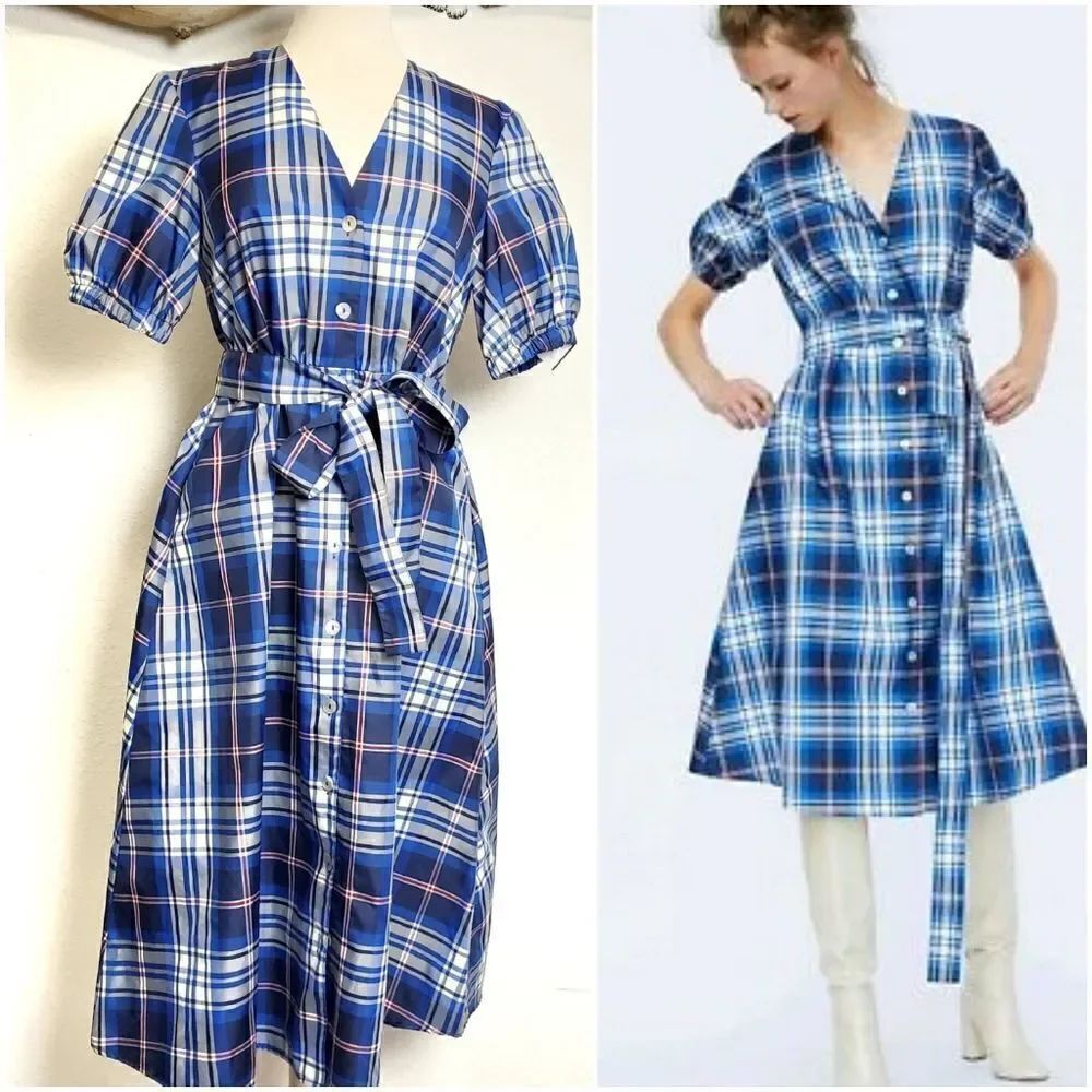 Zara taffeta plaid belted shirt dress blue tones